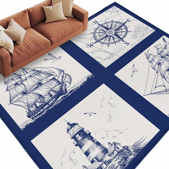 Area Rug 72×108in, Navy Blue Compass Sailing Ship Plaid Floor Carpet Living Room Rug, Nautical Retro Lighthouse Non-Slip Welcome Mat Indoor Rugs for Bedroom Dining Room