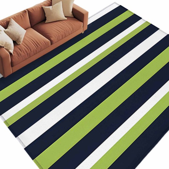 Area Rug 72×108in, Navy Blue Green White Horizontal Stripe Floor Carpet Living Room Rug, Minimalist Streak Art Non-Slip Welcome Mat Indoor Rugs for Bedroom Dining Room