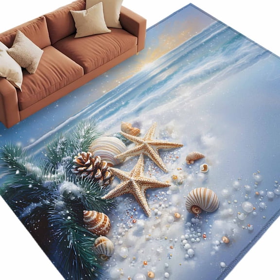 Area Rug 72×108in, Ocean Starfish Shell Christmas Pine Cone Floor Carpet Living Room Rug, Winter Snow Blue Ocean Non-Slip Welcome Mat Indoor Rugs for Bedroom Dining Room