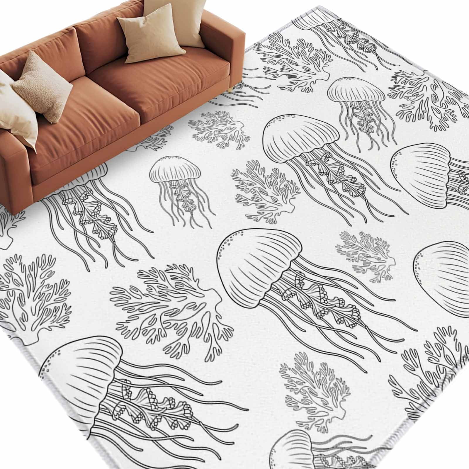 Area Rug 72×108in, Oceans Line Sketches Walruses Corals Floor Carpet ...