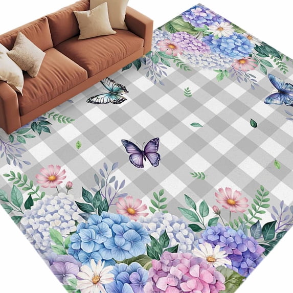 Area Rug 72×108in, Pastoral Hydrangea Daisy Leaf Floor Carpet Living Room Rug, Rustic Butterfly Buffalo Plaid Non-Slip Welcome Mat Indoor Rugs for Bedroom Dining Room