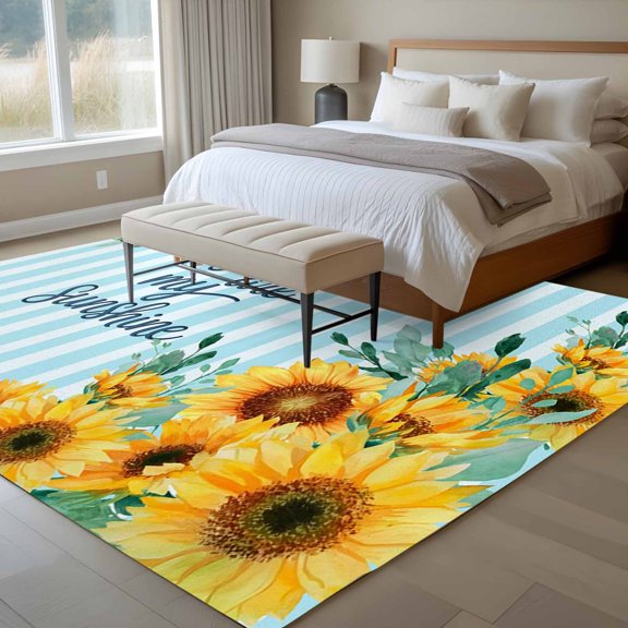 Area Rug 72×108in, Pastoral Sunflower Blue Stripes Floor Carpet Living Room Rug, You Are My Sunshine Quote Non-Slip Welcome Mat Indoor Rugs for Bedroom Dining Room