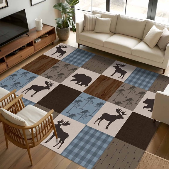 Area Rug 72×108in, Retro Deer Bear Plaid Check Floor Carpet Living Room Rug, Abstract Patchwork Pattern Non-Slip Welcome Mat Indoor Rugs for Bedroom Dining Room
