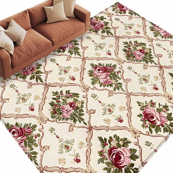 Area Rug 72×108in, Retro Flower Geometric Pattern Floor Carpet Living Room Rug, Farmhouse Floral Seamless Non-Slip Welcome Mat Indoor Rugs for Bedroom Dining Room