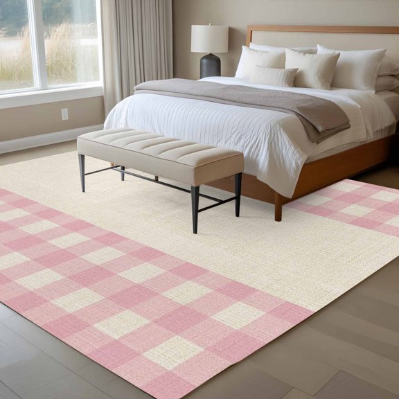 Area Rug 72×108in, Retro Linen Pink Buffalo Plaid Floor Carpet Living Room Rug, Minimalist Checkered Non-Slip Welcome Mat Indoor Rugs for Bedroom Dining Room