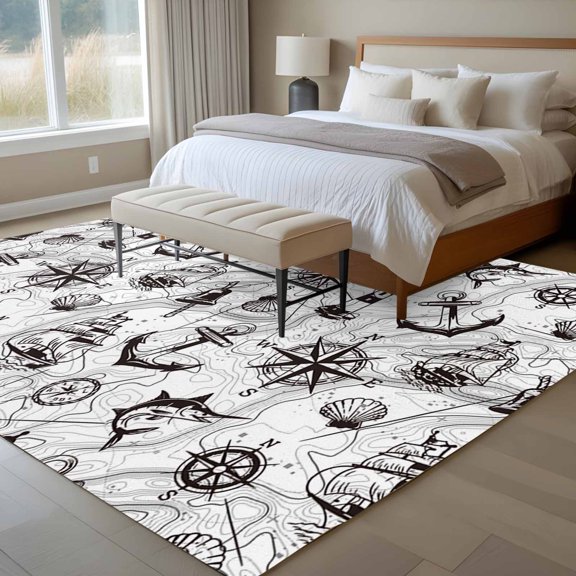 Area Rug 72×108in, Retro Nautical Anchor Lighthouse Floor Carpet Living Room Rug, Black White Compass Map Non-Slip Welcome Mat Indoor Rugs for Bedroom Dining Room