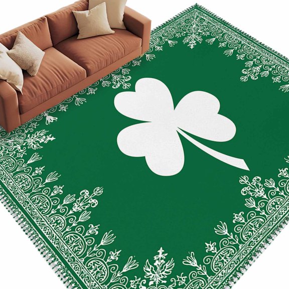 Area Rug 72×108in, Retro St. Patrick's Day Celtic Knots Shamrock Leaves Floor Carpet Living Room Rug, Green Non-Slip Welcome Mat Indoor Rugs for Bedroom Dining Room
