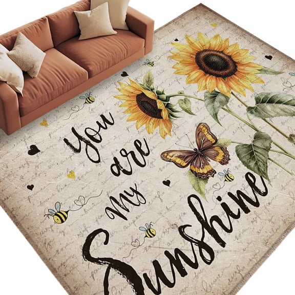 Area Rug 72×108in, Retro Sunflower Sunshine Quote Floor Carpet Living Room Rug, Butterfly Floral Bee on Letter Non-Slip Welcome Mat Indoor Rugs for Bedroom Dining Room