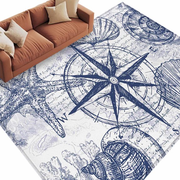 Area Rug 72×108in, Retro Watercolor Starfish Compass Floor Carpet Living Room Rug, Nautical Theme Letter Back Non-Slip Welcome Mat Indoor Rugs for Bedroom Dining Room