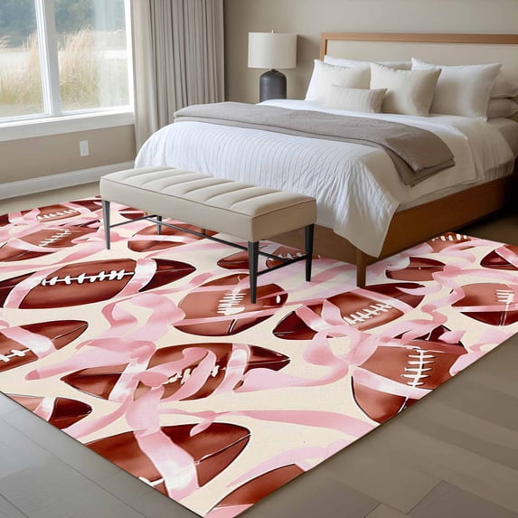 Area Rug 72×108in, Rugby Football Pink Bow Floor Carpet Living Room Rug, Sports Lover Non-Slip Welcome Mat Indoor Rugs for Bedroom Dining Room