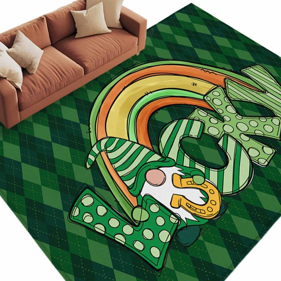 Area Rug 72×108in, Rustic Gnome Rainbow Diamond Floor Carpet Living Room Rug, St. Patrick's Day Lucky Text Non-Slip Welcome Mat Indoor Rugs for Bedroom Dining Room