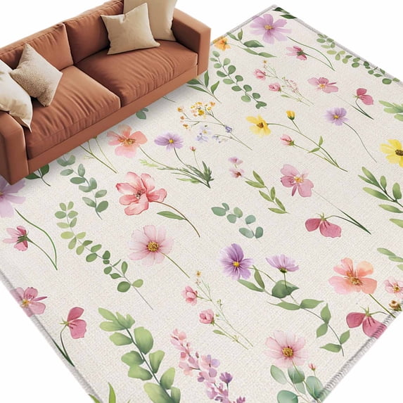 Area Rug 72×108in, Rustic Wildflower Vintage Linen Floor Carpet Living Room Rug, Colorful Flower Leaves Non-Slip Welcome Mat Indoor Rugs for Bedroom Dining Room