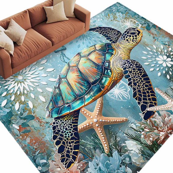 Area Rug 72×108in, Sea Turtle Starfish Blue Ocean Floor Carpet Living Room Rug, Underwater World Flower Non-Slip Welcome Mat Indoor Rugs for Bedroom Dining Room