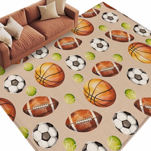 Area Rug 72×108in, Sport Basketball Soccer Tennis Floor Carpet Living Room Rug, Rugby on Retro Linen Non-Slip Welcome Mat Indoor Rugs for Bedroom Dining Room