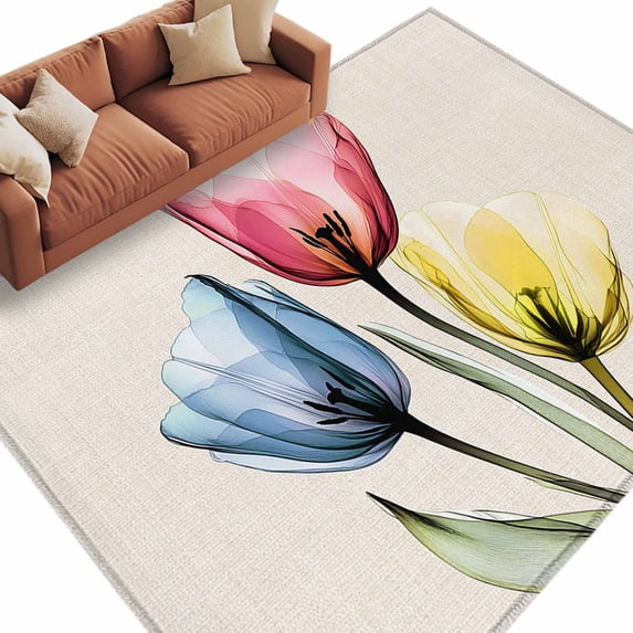Area Rug 72×108in, Spring Colorful Tulips Flower on Retro Linen Floor Carpet Living Room Rug, Watercolor Botanical Non-Slip Welcome Mat Indoor Rugs for Bedroom Dining Room