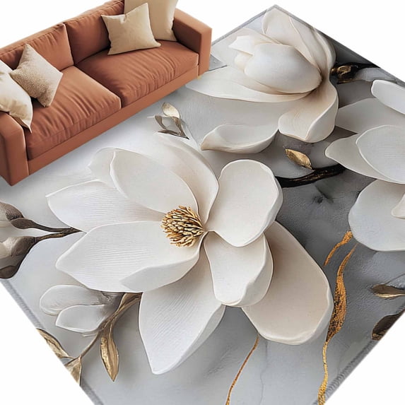 Area Rug 72×108in, Spring Elegant White Floral Floor Carpet Living Room Rug, Retro Flower Golden Veins Leaf Non-Slip Welcome Mat Indoor Rugs for Bedroom Dining Room