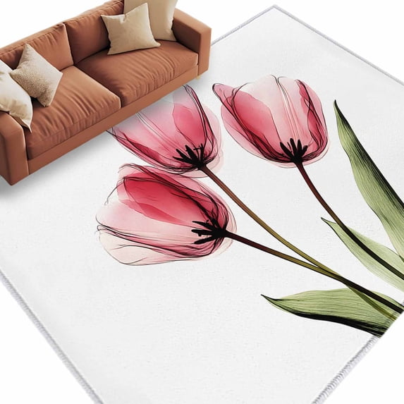 Area Rug 72×108in, Spring Farm Pink Flower Tulip Floor Carpet Living Room Rug, Blossom Flower Green Leaves Non-Slip Welcome Mat Indoor Rugs for Bedroom Dining Room