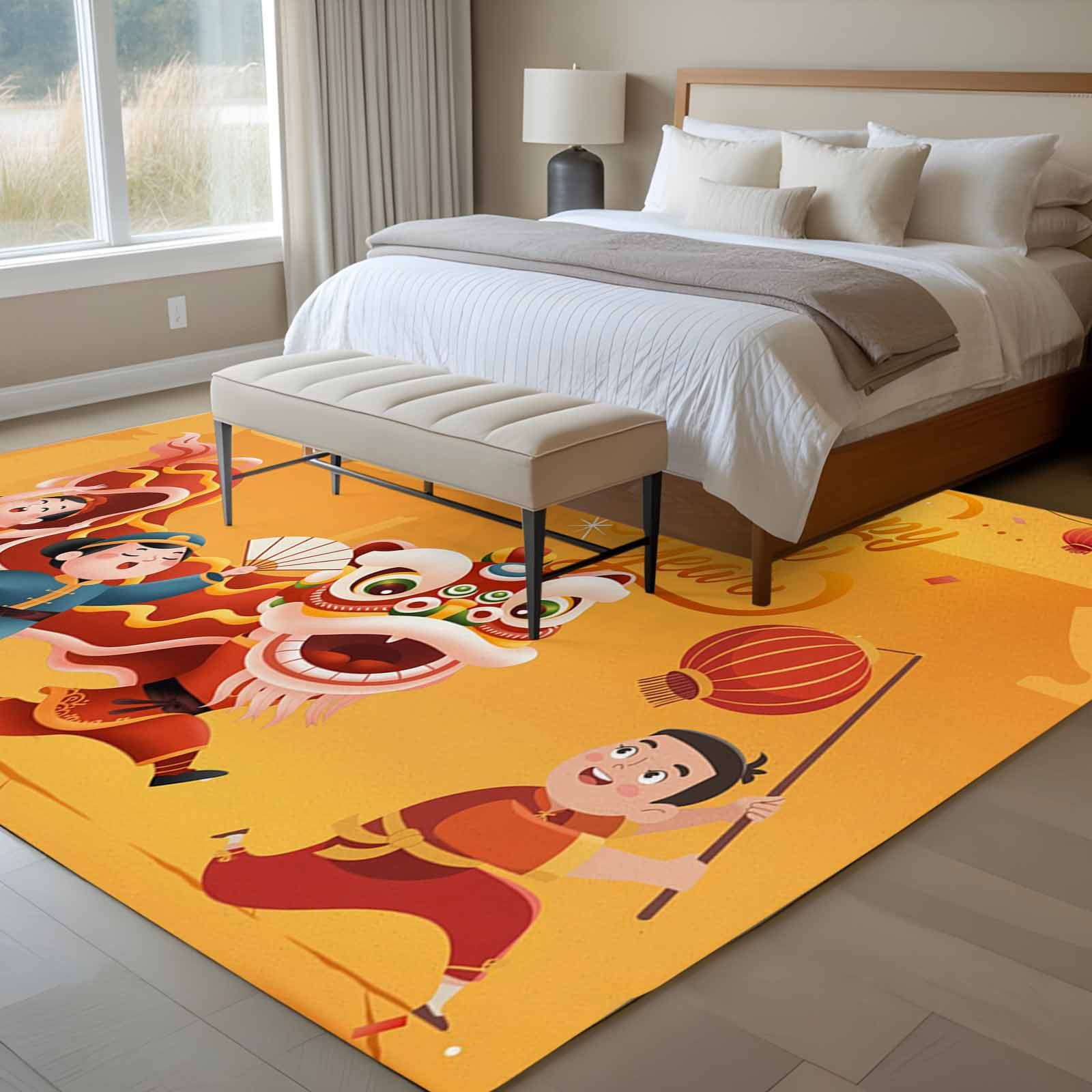 Area Rug 72×108in, Spring Festival Dance Lions Floor Carpet Living Room ...