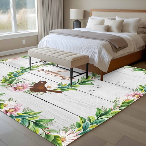 Area Rug 72×108in, Spring Flower Wreath Welcome Quote Floor Carpet Living Room Rug, Retro Farmhouse Plank Non-Slip Welcome Mat Indoor Rugs for Bedroom Dining Room