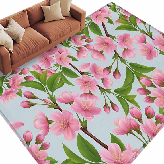 Area Rug 72×108in, Spring Pink Cherry Flower Floor Carpet Living Room Rug, Blossom Floral Green Leaf on Blue Non-Slip Welcome Mat Indoor Rugs for Bedroom Dining Room