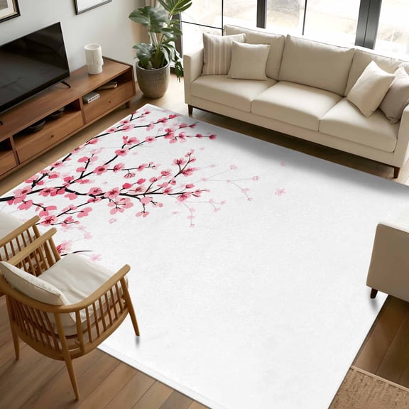 Area Rug 72×108in, Spring Pink Floral Cherry Blossoms Floor Carpet Living Room Rug, Japanese Flowers Non-Slip Welcome Mat Indoor Rugs for Bedroom Dining Room