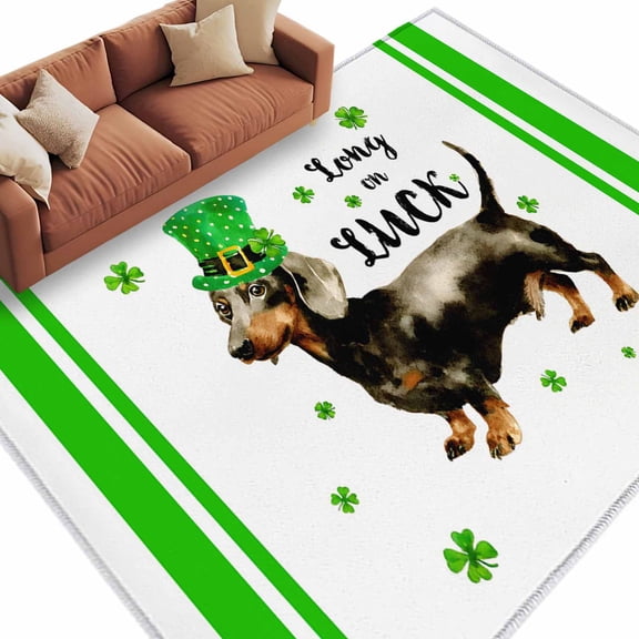 Area Rug 72×108in, St. Patrick's Day Cute Dog with Leprechaun Hat Floor Carpet Living Room Rug, Celtic Knots Clovers Non-Slip Welcome Mat Indoor Rugs for Bedroom Dining Room
