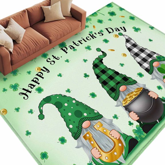 Area Rug 72×108in, St. Patrick's Day Gnome Pot of Gold Horseshoe Floor Carpet Living Room Rug, Green Lucky Leaf Non-Slip Welcome Mat Indoor Rugs for Bedroom Dining Room