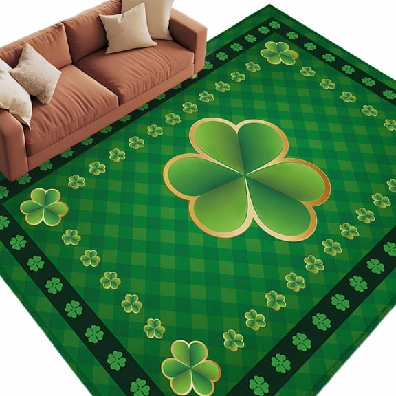 Area Rug 72×108in, St. Patrick's day Celtic Knots Lucky Green Clover Floor Carpet Living Room Rug, Buffalo Plaid Non-Slip Welcome Mat Indoor Rugs for Bedroom Dining Room