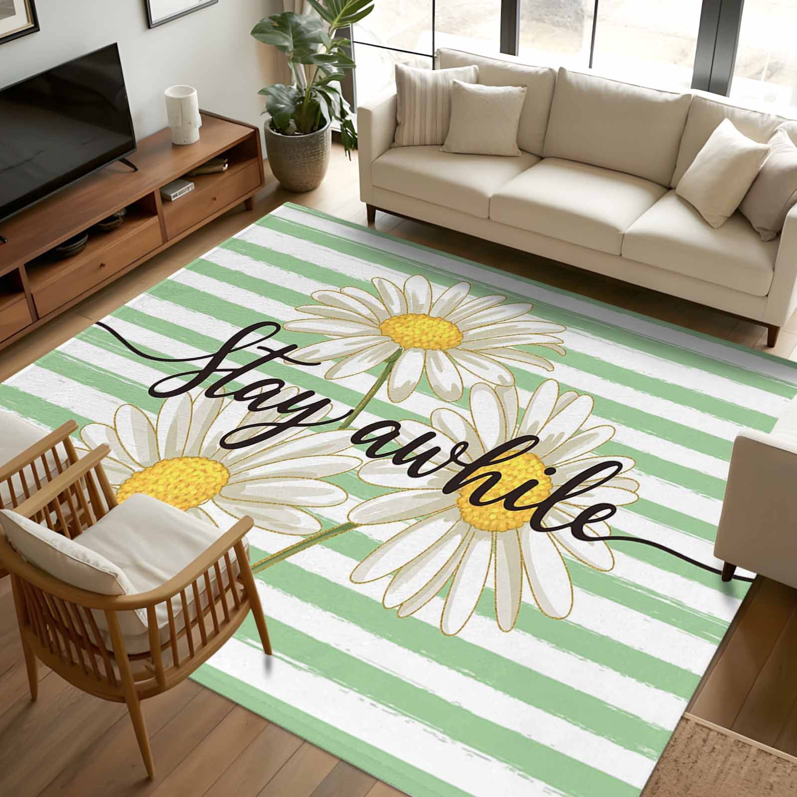 Area Rug 72×108in, Stay Awhile Words on Green Striped Floor Carpet ...