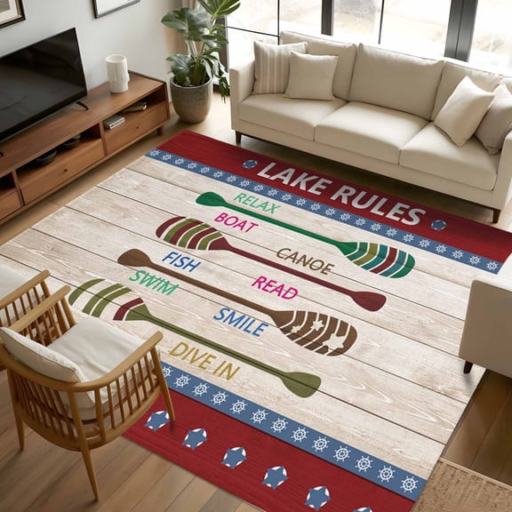 Area Rug 72×108in, Summer Lake Rules Paddle Floor Carpet Living Room Rug, Farm Wood Grain Red Maroon Non-Slip Welcome Mat Indoor Rugs for Bedroom Dining Room