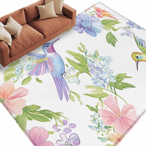 Area Rug 72×108in, Summer Pastoral Flowers Birds Floor Carpet Living Room Rug, Rustic Watercolor Plant Theme Non-Slip Welcome Mat Indoor Rugs for Bedroom Dining Room