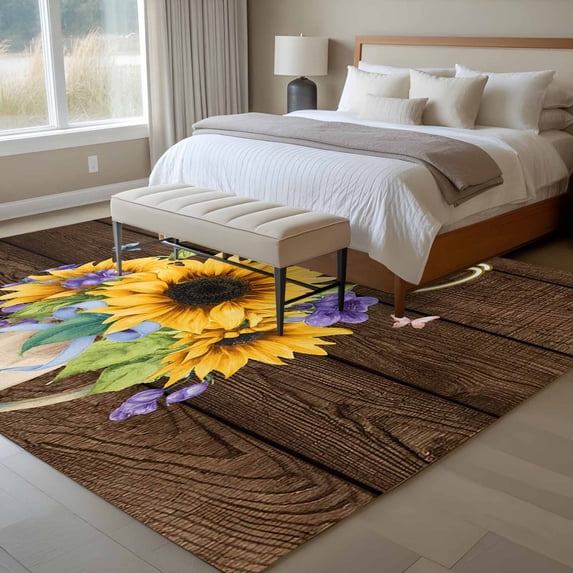 Area Rug 72×108in, Summer Sunflower Brown Palnk Floor Carpet Living ...
