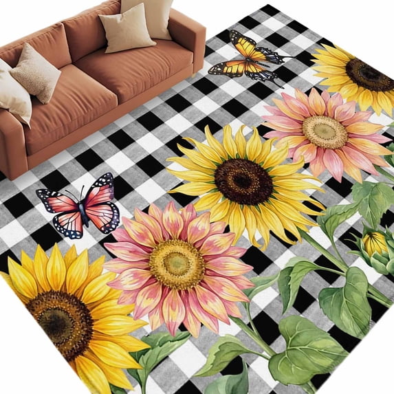 Area Rug 72×108in, Summer Watercolor Farm Sunflowers Floor Carpet Living Room Rug, Black White Check Non-Slip Welcome Mat Indoor Rugs for Bedroom Dining Room