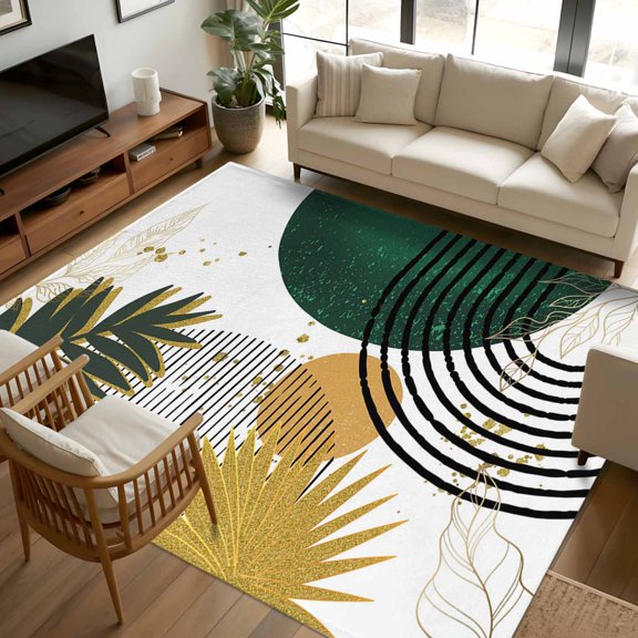 Area Rug 72×108in, Sun Arch Stripe Abstract Leaves Floor Carpet Living Room Rug, Color Block Boho Style Non-Slip Welcome Mat Indoor Rugs for Bedroom Dining Room
