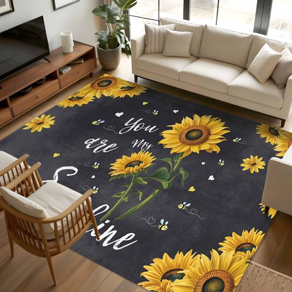 Area Rug 72×108in, Sunshine Text Pastoral Sunflower Floor Carpet Living Room Rug, Farmhouse Flower Bee on Black Non-Slip Welcome Mat Indoor Rugs for Bedroom Dining Room
