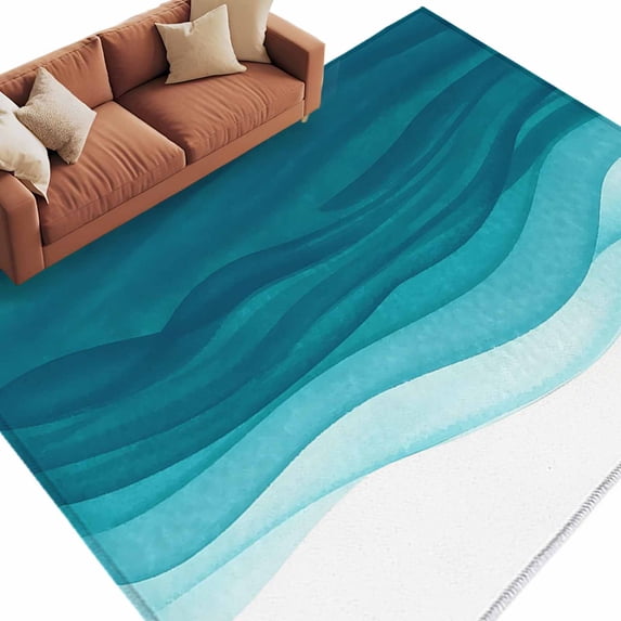 Area Rug 72×108in, Teal White Ripple Gradient Floor Carpet Living Room Rug, Watercolor Art Non-Slip Welcome Mat Indoor Rugs for Bedroom Dining Room