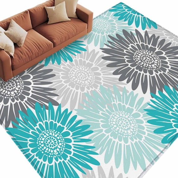 Area Rug 72×108in, Turquoise Gray Blossom Flower Floor Carpet Living Room Rug, Watercolor Sunflower Non-Slip Welcome Mat Indoor Rugs for Bedroom Dining Room