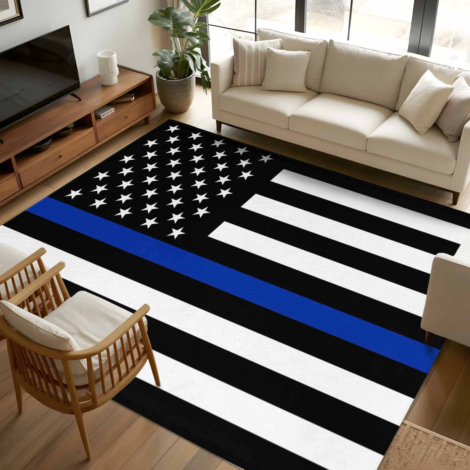 Area Rug 72×108in, USA Flag Thin Blue Line Star Floor Carpet Living ...