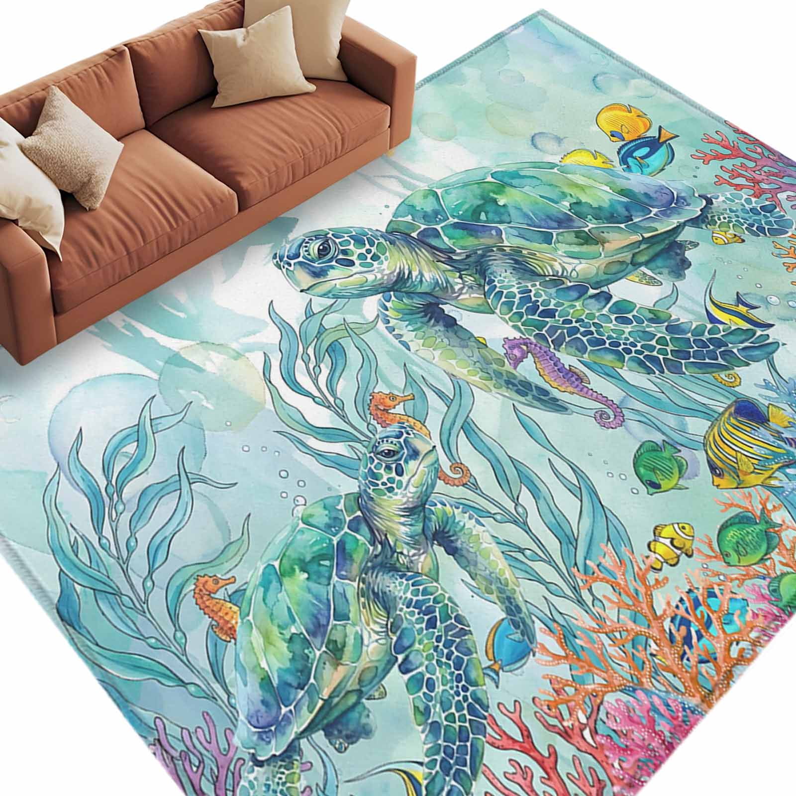 Area Rug 72×108in, Undersea World Ocean Turtle Coral Floor Carpet ...