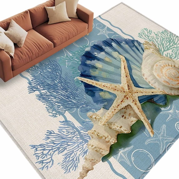 Area Rug 72×108in, Underwater Starfish Shell Conch Floor Carpet Living Room Rug, Ocean Coral Beige Linen Non-Slip Welcome Mat Indoor Rugs for Bedroom Dining Room
