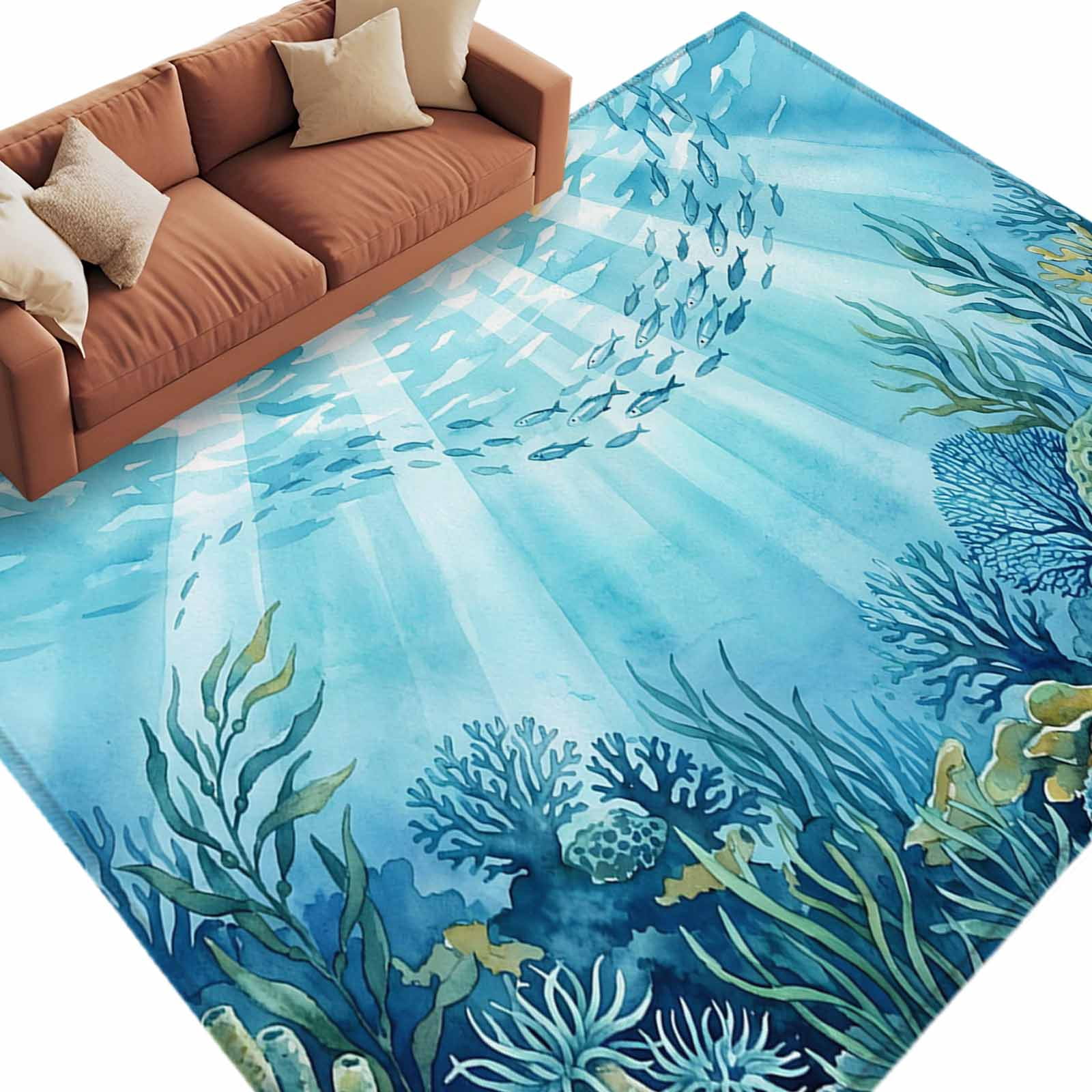 Aquatic Rug Area Rug 72×108in, Underwater World Coral Seaweed Floor Carpet Living ...