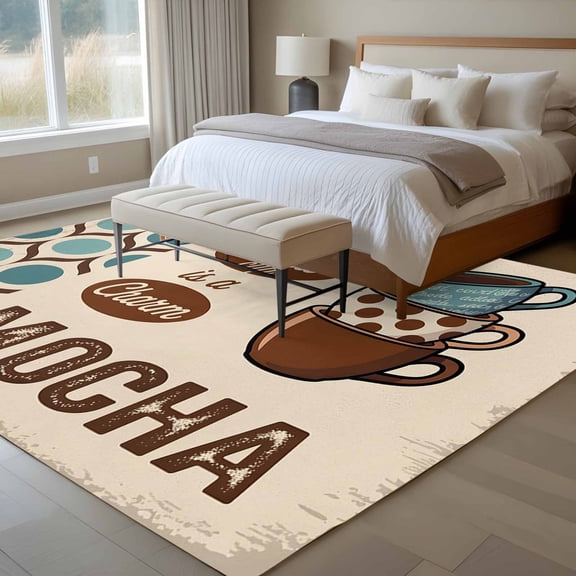 Area Rug 72×108in, Vintage Coffee Mocha Cups Floor Carpet Living Room Rug, Medieval Casual Time Non-Slip Welcome Mat Indoor Rugs for Bedroom Dining Room