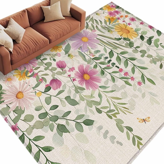 Flower Pattern Area Rug Area Rug 72×108in, Vintage Country Floral Leaves Floor Carpet Living ...