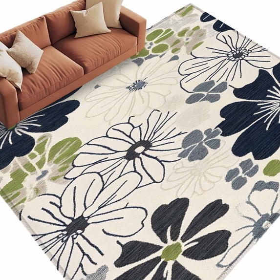 Area Rug 72×108in, Vintage Farm Flower Texture Floor Carpet Living Room Rug, Spring Watercolor Wildflower Non-Slip Welcome Mat Indoor Rugs for Bedroom Dining Room