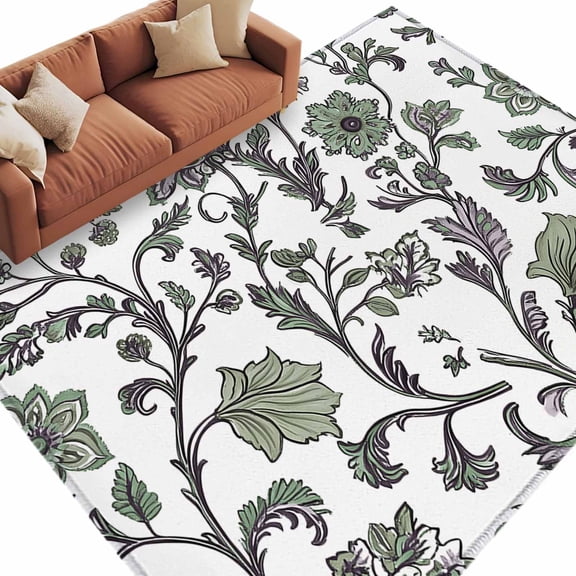 Area Rug 72×108in, Vintage Farmhouse Floral Texture Floor Carpet Living Room Rug, Pastoral Green Flower Vines Non-Slip Welcome Mat Indoor Rugs for Bedroom Dining Room