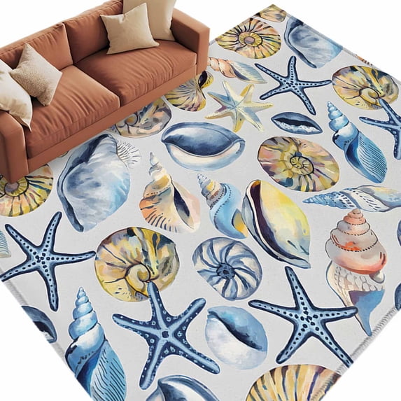 Area Rug 72×108in, Vintage Ocean Marine Life Floor Carpet Living Room Rug, Watercolor Sea Shells Starfish Non-Slip Welcome Mat Indoor Rugs for Bedroom Dining Room