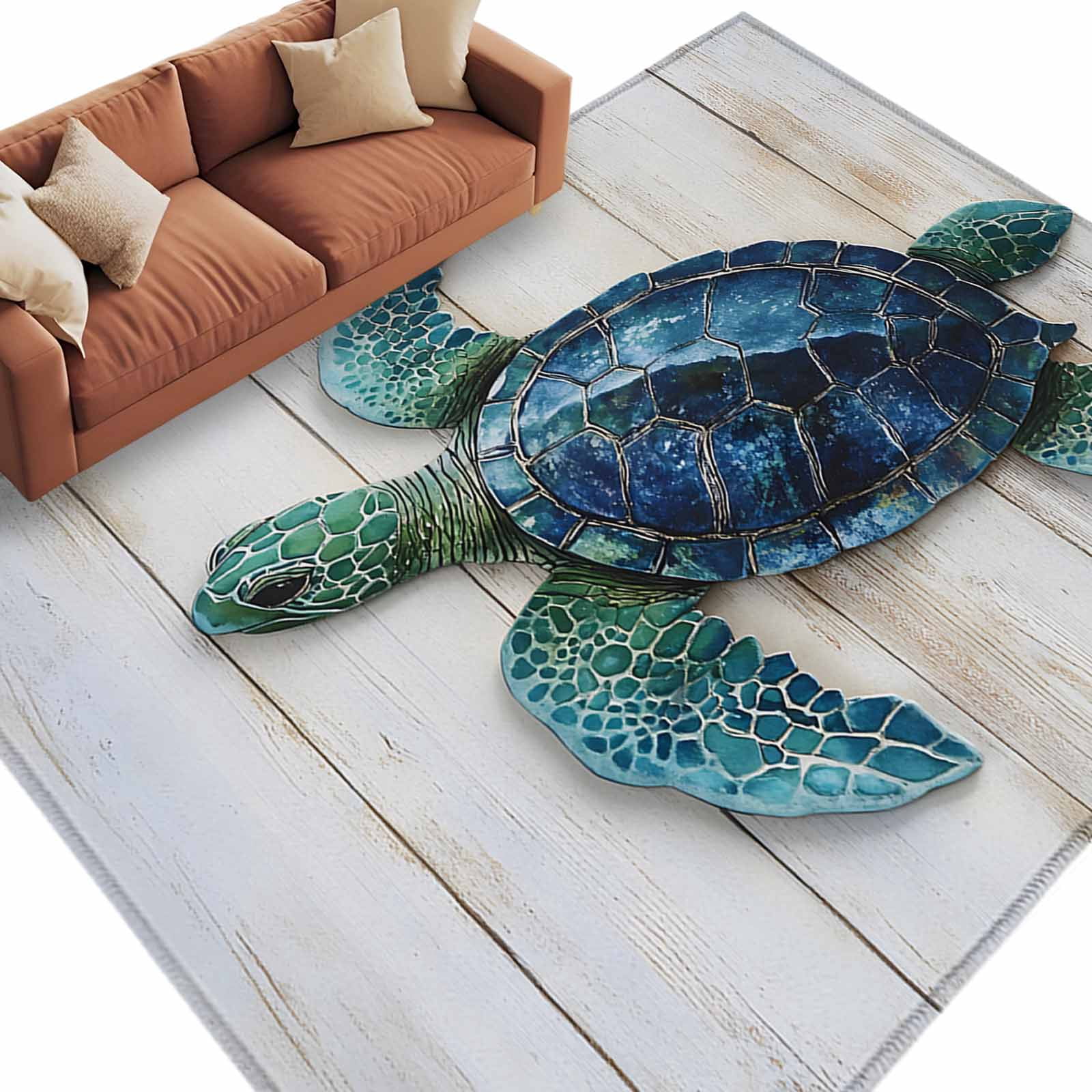 Area Rug 72×108in, Vintage Ocean Sea Turtle on Wood Grain Floor Carpet ...