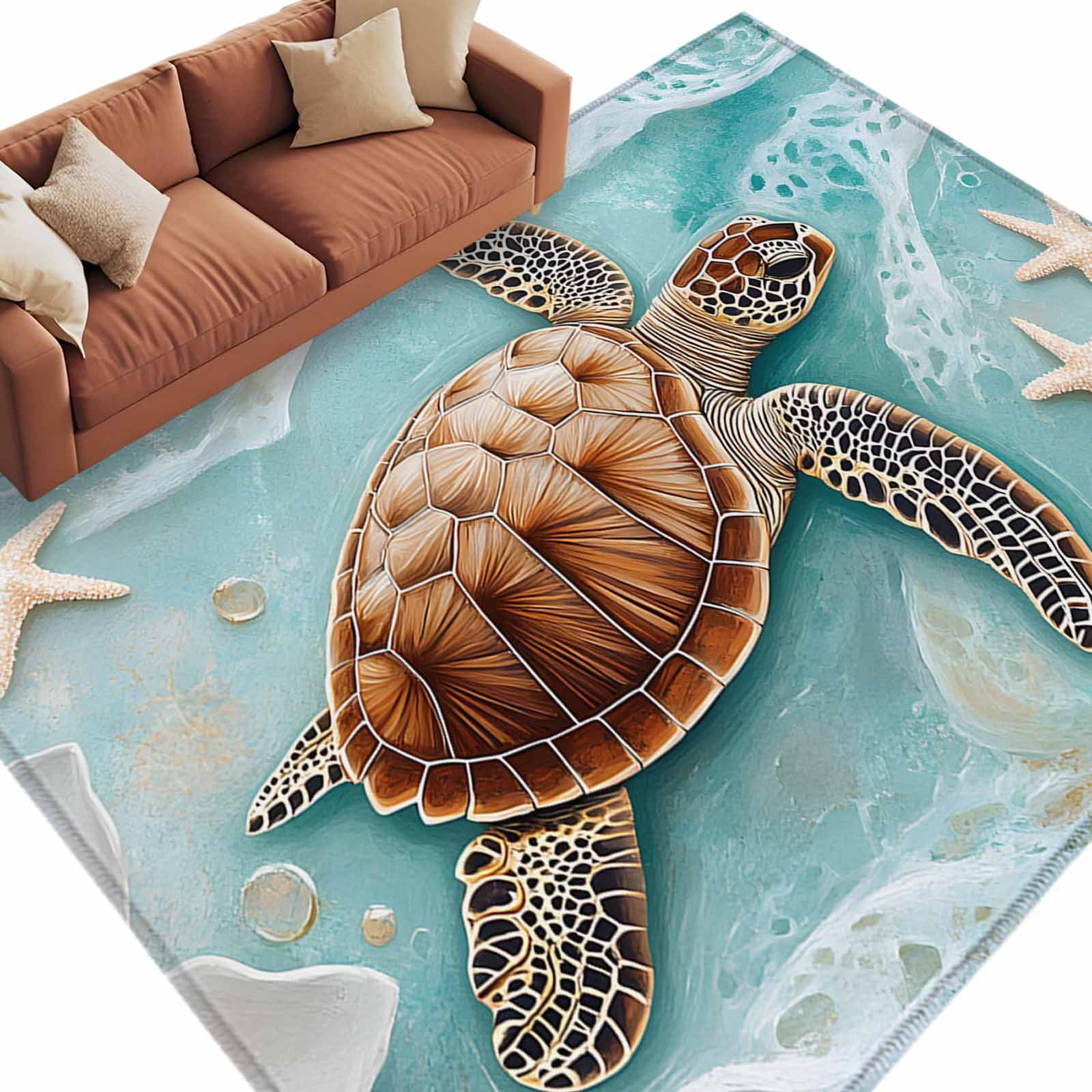 Area Rug 72×108in, Vintage Seaside Starfish Shell Turtle Floor Carpet ...