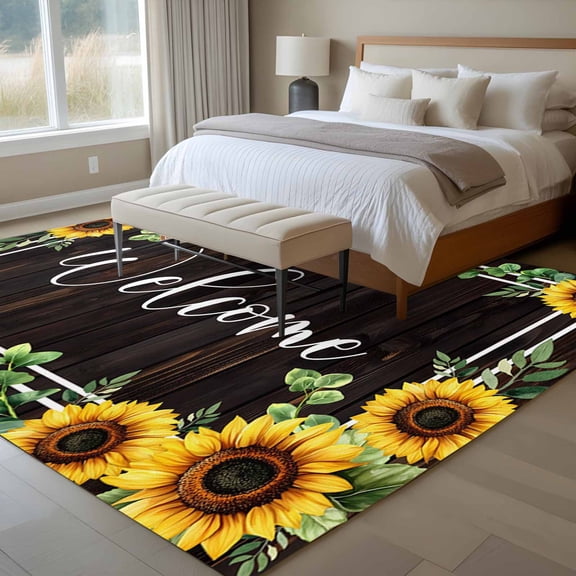 Area Rug 72×108in, Vintage Sunflower Brown Wood Grain Floor Carpet Living Room Rug, Welcome on Farm Board Non-Slip Welcome Mat Indoor Rugs for Bedroom Dining Room