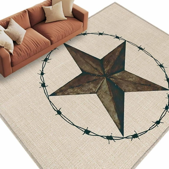 Area Rug 72×108in, Vintage Texas Star Floor Carpet Living Room Rug, Western Theme Pentagram on Linen Non-Slip Welcome Mat Indoor Rugs for Bedroom Dining Room